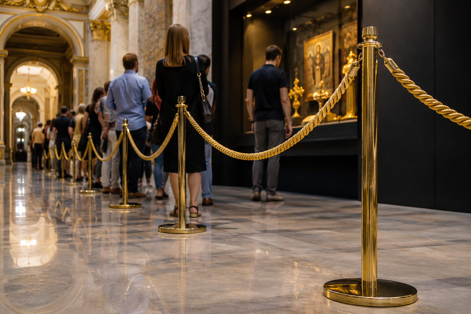 Professionelle Leitsysteme und Personenleitsysteme mit Absperrpfosten, Gurtpfosten und Kordelständern für Besucherführung, Warteschlangen, Messen, Hotels und Events.