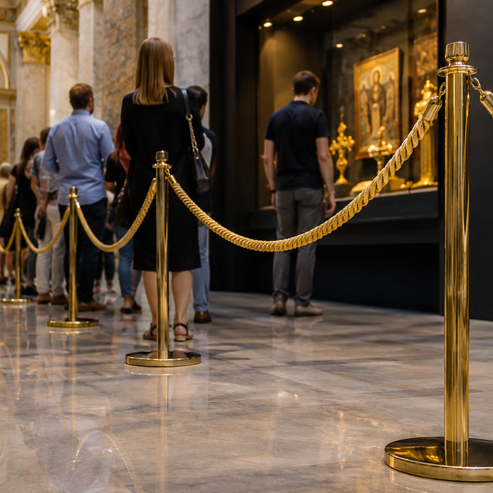 Professionelle Leitsysteme und Personenleitsysteme mit Absperrpfosten, Gurtpfosten und Kordelständern für Besucherführung, Warteschlangen, Messen, Hotels und Events.