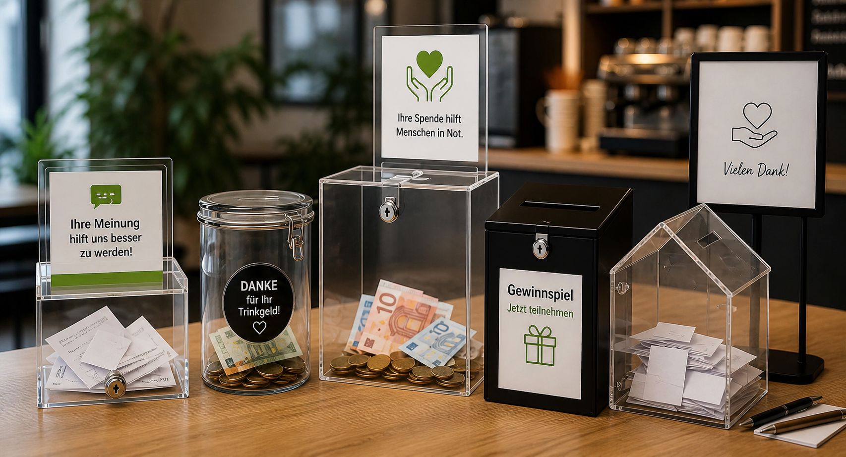 Spendenbox kaufen für Gastronomie Vereine Aktionen Trinkgeldbox Losbox Feedbackbox abschließbar transparent