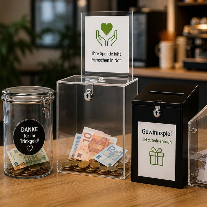 Spendenbox kaufen für Gastronomie Vereine Aktionen Trinkgeldbox Losbox Feedbackbox abschließbar transparent