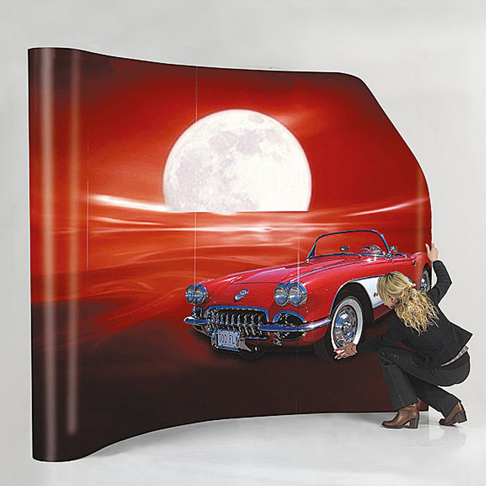 Pop-up Wand gebogen 4 Abschnitte Messedisplay Magnet-System 313 × 228 cm
