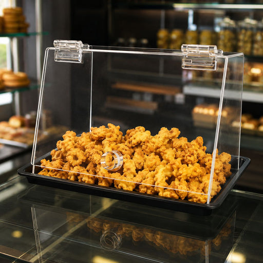 Transparenter Acryl Snackspender mit Deckel und Tablett für Snacks, Proben und Gebäck in Bäckerei und Gastronomie