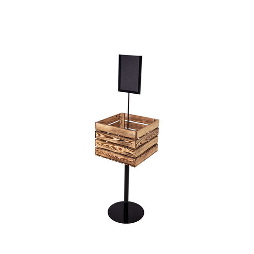 Aktionsständer Holzkiste Compact mit geflammter Holzkiste und Werbeschildhalter A4 auf schwarzem Standfuß