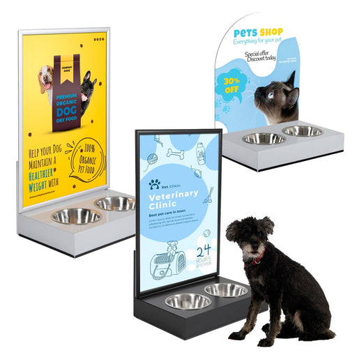 Hundetankstelle Kundenstopper mit zwei Edelstahlnäpfen und DIN A1 Werbefläche für Gastronomie und Handel