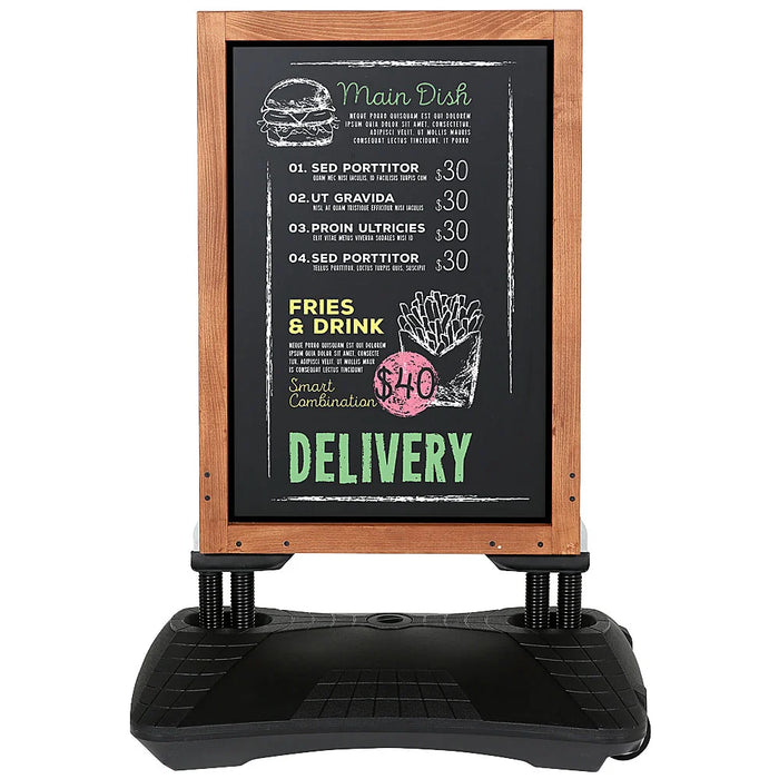 Kundenstopper Kreidetafel mit Wassertank und handbeschrifteter Werbefläche für Gastronomie und Außenwerbung