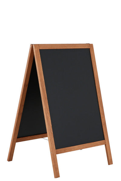 Beidseitig nutzbarer Kundenstopper aus Holz mit schwarzer Stahltafel