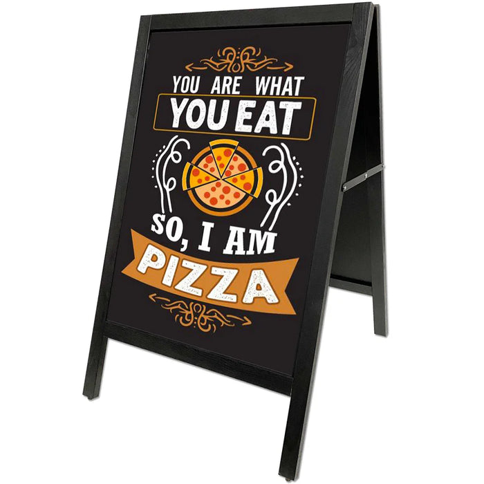 Kundenstopper aus schwarz lasiertem Buchenholz mit magnetischer Schreibtafel für Gastronomie und Einzelhandel