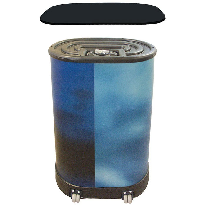 Pop up Transportkoffer Messetheke mit PVC Grafikpanel Counter Verkleidung Beispiel