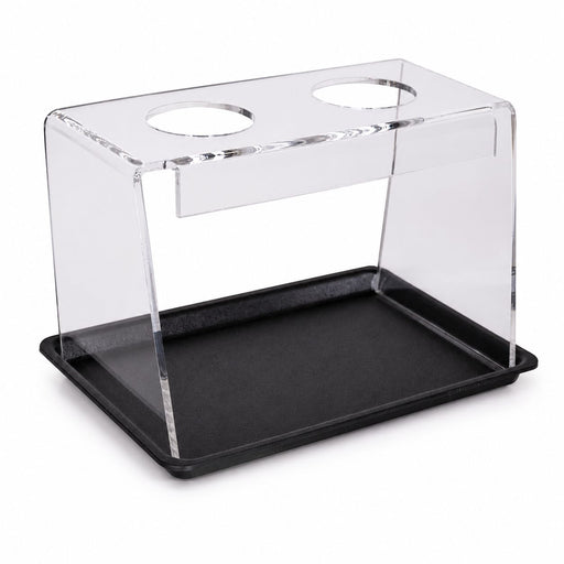Transparenter Spitztütenhalter aus Acryl mit 2 Öffnungen und schwarzem Tablett für Pommes, Waffeln und Streetfood in Gastronomie und Imbiss
