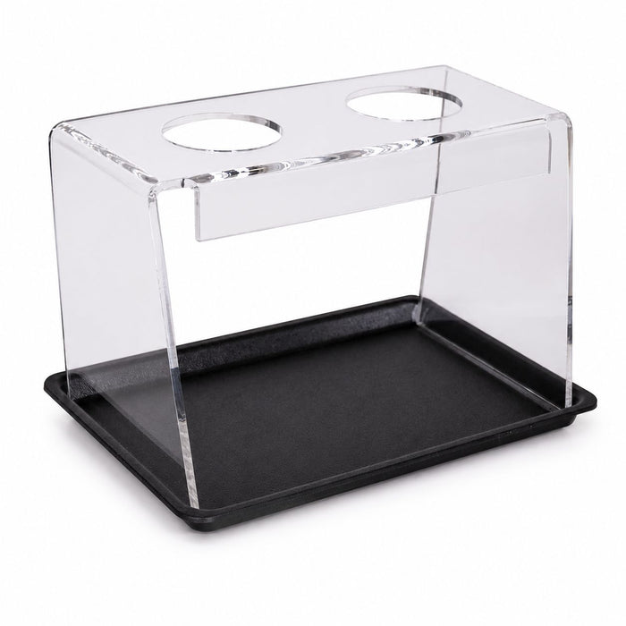Transparenter Spitztütenhalter aus Acryl mit 2 Öffnungen und schwarzem Tablett für Pommes, Waffeln und Streetfood in Gastronomie und Imbiss