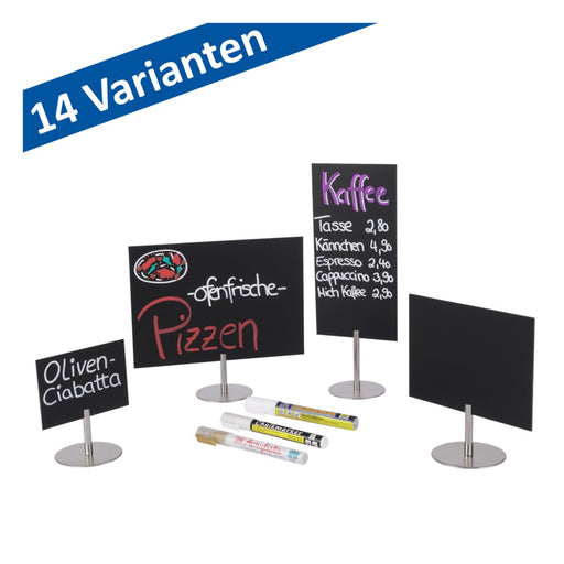Tafelhalter Top-Liner aus Edelstahl mit beschrifteten Kreidetafeln in verschiedenen Formaten für Theke und Buffet