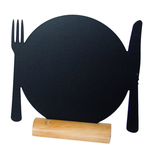 Tisch-Kreidetafel in Tellerform mit Besteck und Holzfuß, Motivtafel für Restaurant und Gastronomie