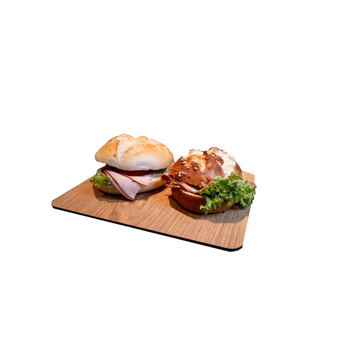 Auslegeplatte Eiche Premium in Cognac-Eiche-Optik mit belegten Brötchen für Theke und Buffet