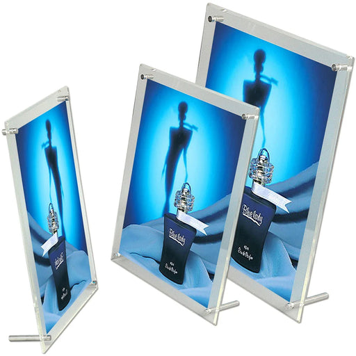 Acryl Menühalter mit Standfuß als beidseitiger Tischaufsteller für Speisekarten, Preislisten oder Informationen auf Tisch und Theke