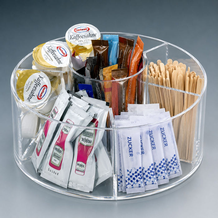 Runder Acryl Organizer mit 5 Fächern für Coffee-to-go-Zubehör wie Zucker, Kaffeesahne und Rührstäbchen