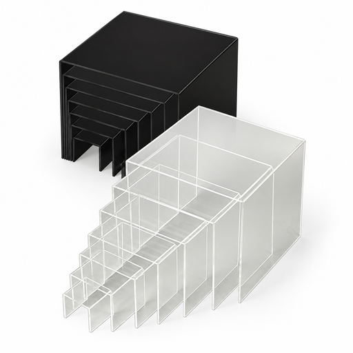 Siebenteiliges Acryl-Podest-Set in Schwarz und Transparent