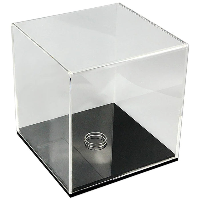 Großer transparenter Acryl-Schaukasten mit schwarzer Bodenplatte für Schmuck und Sammlerobjekte.