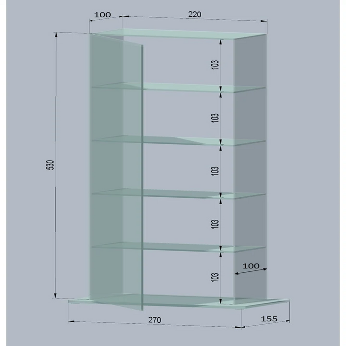 Technische Zeichnung der Acryl-Vitrine mit Maßangaben für Korpus und Grundplatte