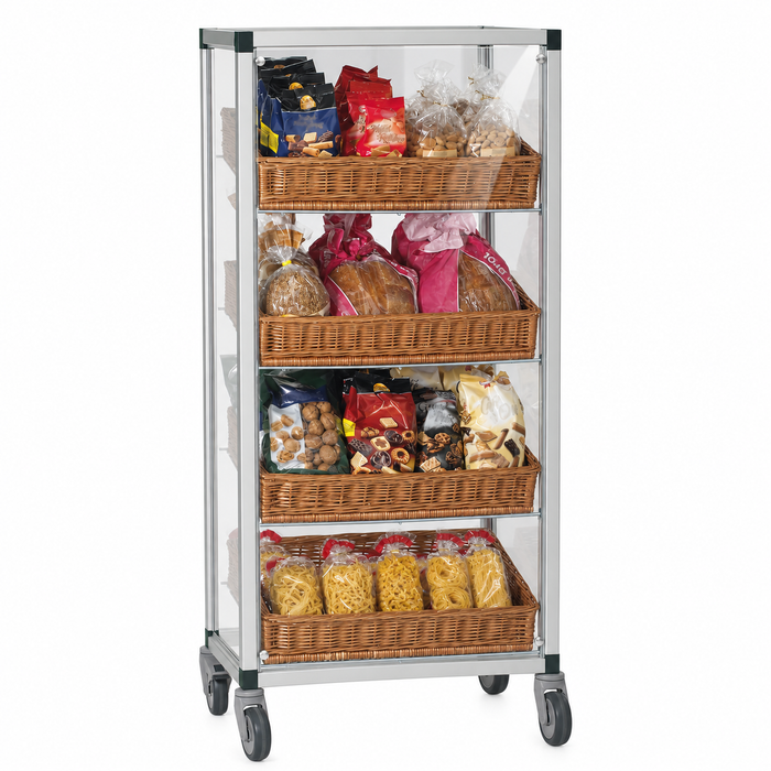 Fahrbares Aktionsregal aus Aluminium mit 4 Etagen und geschlossener transparenter Frontscheibe – Weidenkörbe mit Brot, Gebäck und Snacks