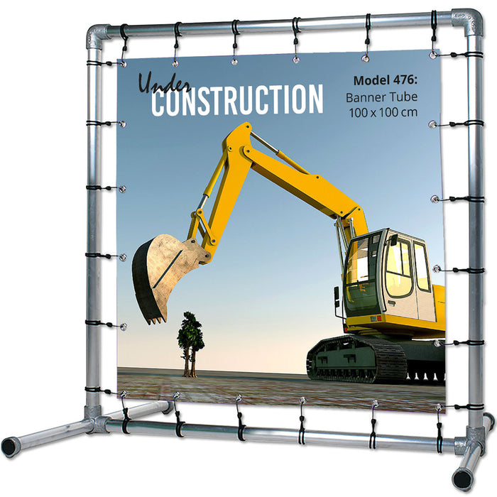 Freistehender Bannerrahmen aus Aluminiumrohr mit Standfüßen, Bannergröße 100 x 100 cm, mit PVC-Banner bespannt
