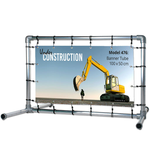 Freistehender Bannerrahmen aus Aluminiumrohr mit Standfüßen, Bannergröße 100 x 50 cm, mit PVC-Banner bespannt