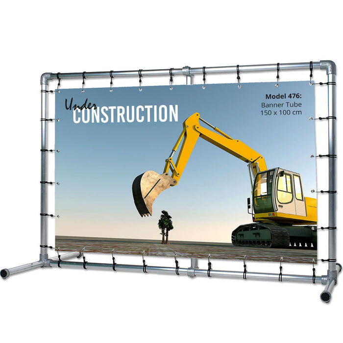 Freistehender Bannerrahmen aus Aluminiumrohr mit Standfüßen, Bannergröße 150 x 100 cm, mit PVC-Banner bespannt