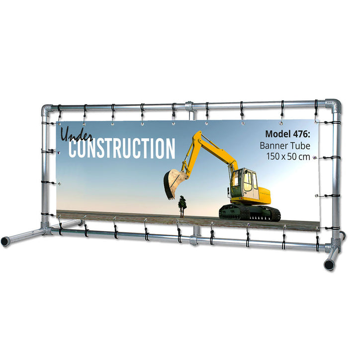 Freistehender Bannerrahmen aus Aluminiumrohr mit Standfüßen, Bannergröße 150 x 50 cm, mit PVC-Banner bespannt