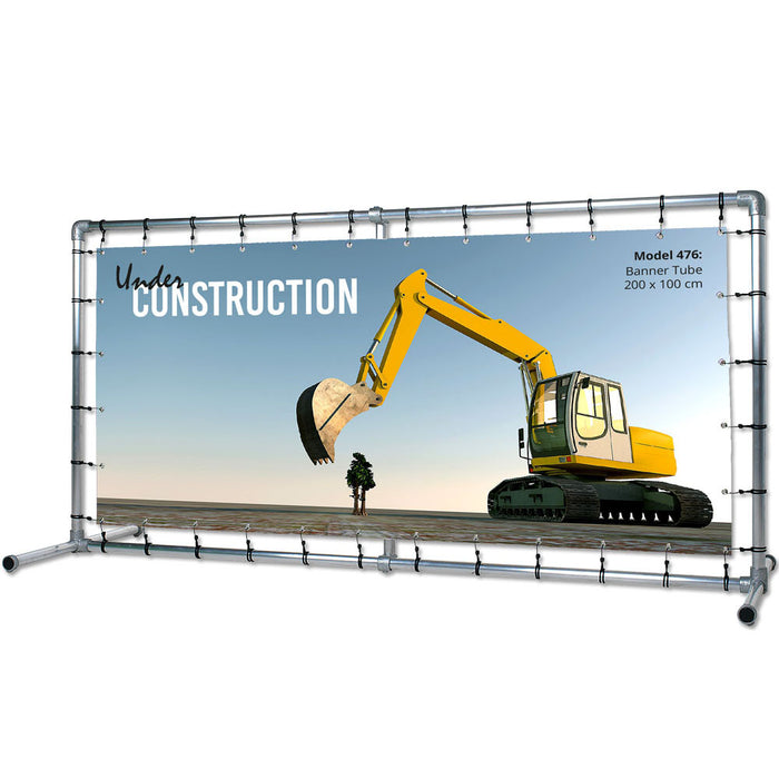 Freistehender Bannerrahmen aus Aluminiumrohr mit Standfüßen, Bannergröße 200 x 100 cm, mit PVC-Banner bespannt