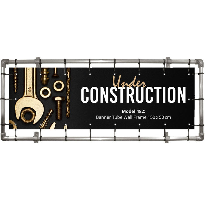 Bannerrahmen aus Aluminiumrohr mit schwarzem Banner, 150 x 50 cm, für die Wandmontage im Außenbereich