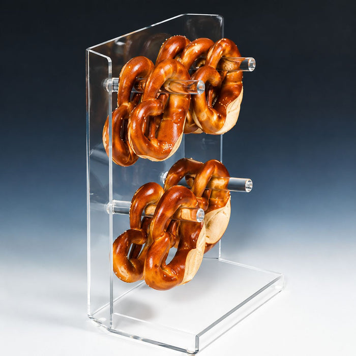 Transparentes Brezel-Display aus Acryl mit 4 Haltestangen zur hygienischen Präsentation von Brezeln und Laugengebäck in Bäckerei und Buffet