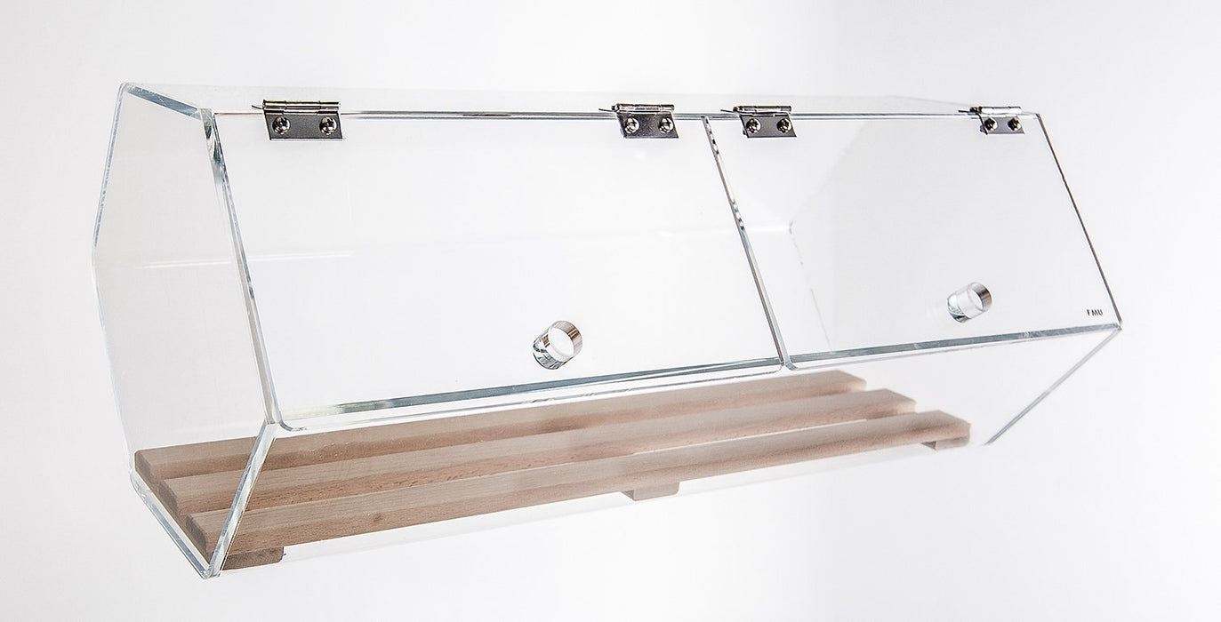 Acryl Brötchenspender mit Klappdeckel und Holzlattenrost für hygienische Selbstbedienung von Backwaren und Brötchen