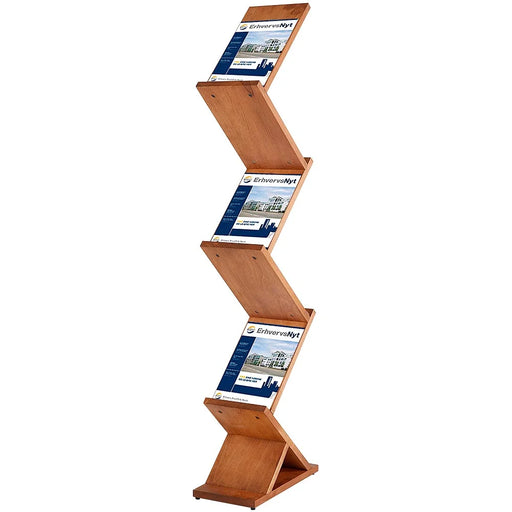 Broschürenständer aus dunkel gebeiztem Holz mit 5 DIN A4 Fächern im Zig-Zag Design für Prospekte, Magazine und Informationsmaterial in Empfangsbereichen, Hotels und Verkaufsräumen