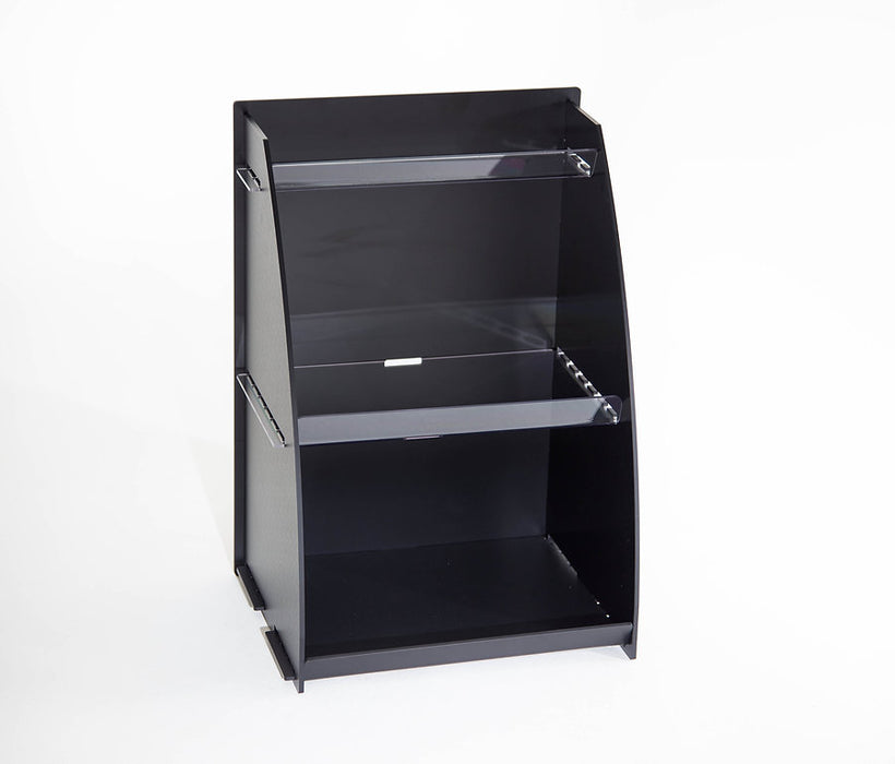 Schwarzer Becherspender mit transparenten Ablagen für Selbstbedienung