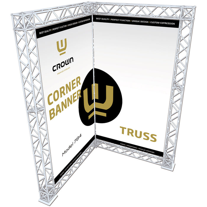 CROWN TRUSS 10 Eckwand Messewand und Bannerwand in Weiß für moderne Messeauftritte und Unternehmenspräsentationen