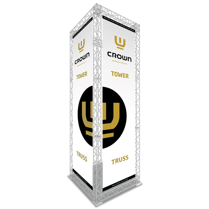 CROWN TRUSS 10x10 Bannerhalter an einem Messeturm mit Werbegrafik