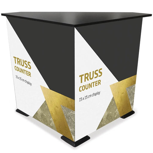 Crown Truss Counter Dreieck in Schwarz, stabile Messetheke 95 x 95 cm, Frontansicht mit Werbebanner