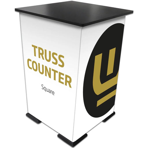 Quadratische Crown Truss Messetheke Schwarz 65 x 98 cm mit Traversensystem mit Branding