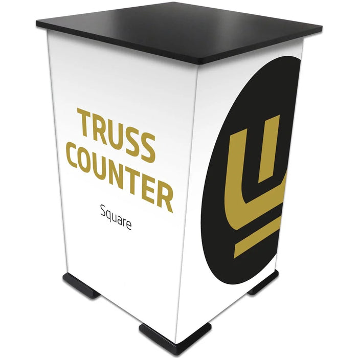 Quadratische Crown Truss Messetheke Schwarz 65 x 98 cm mit Traversensystem mit Branding