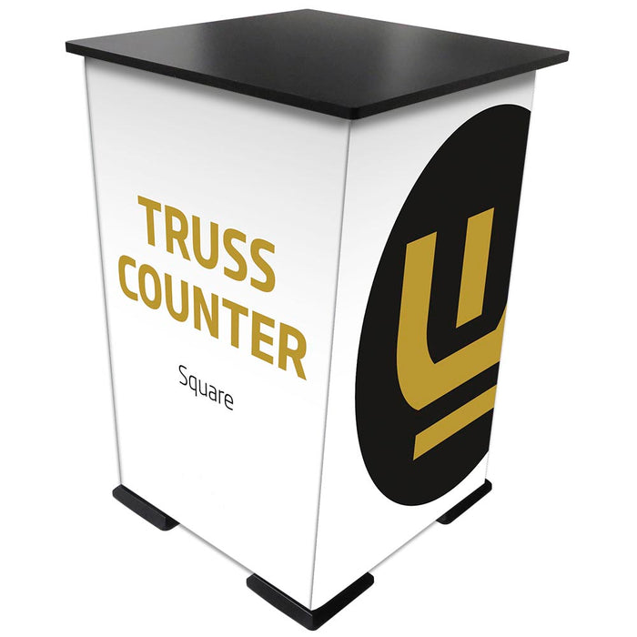 Mobile quadratische Messetheke mit schwarzer Tischplatte von CROWN TRUSS