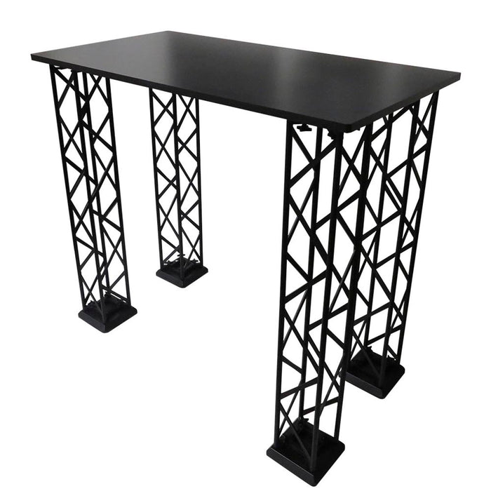 Schwarze rechteckige Tischplatte montiert auf einem CROWN TRUSS Messecounter
