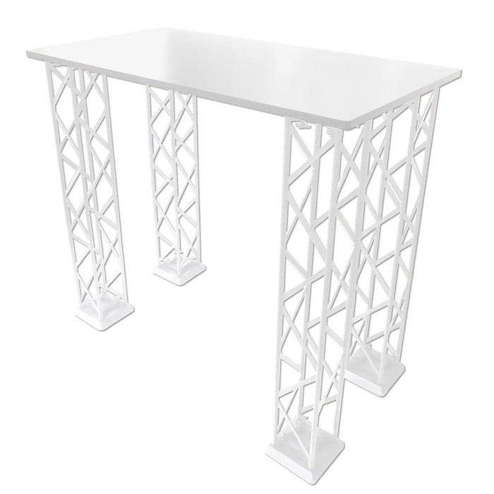 Weiße rechteckige Tischplatte montiert auf einem CROWN TRUSS Messetheken System