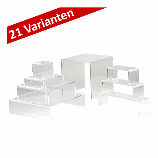 Dekobrücken und Dekopodeste aus Acrylglas transparent – 21 Größen für Schaufenster und Vitrine
