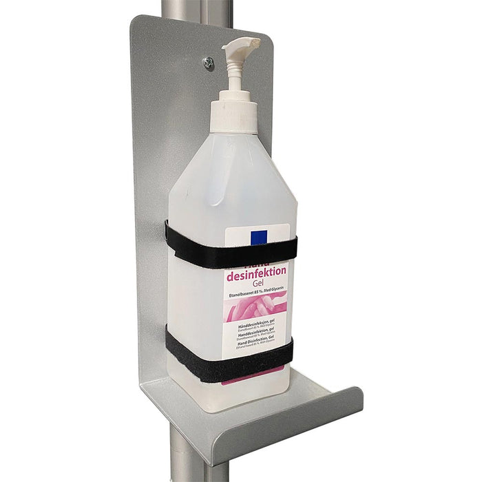Flaschenregal mit Klettverschlussbändern für die Desinfektionsflasche am Ständer