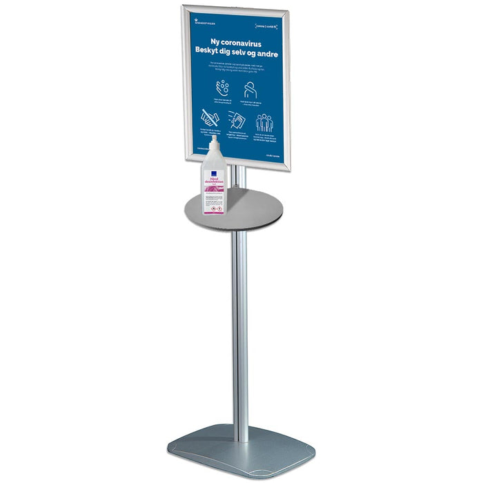 Infoständer mit Ablage für Desinfektionsmittel und Klapprahmen A3, Aluminium 150 cm