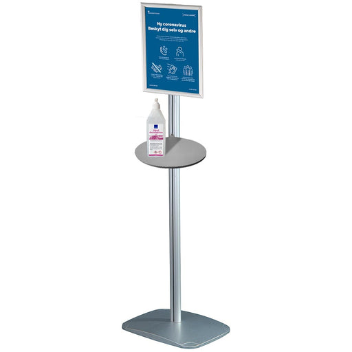 Infoständer mit Ablage für Desinfektionsmittel und Klapprahmen A4, Aluminium 150 cm