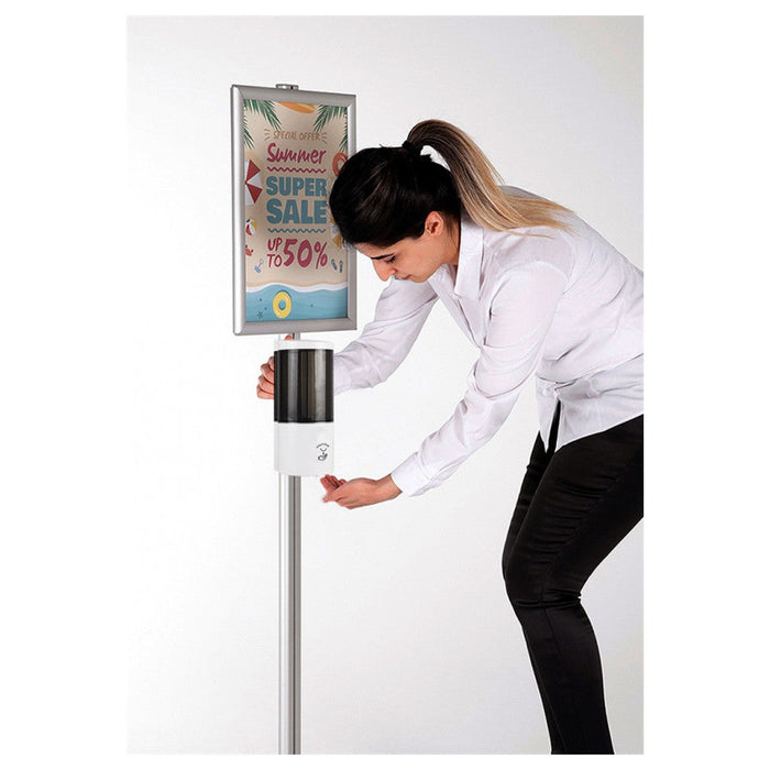 Desinfektionsstation mit Sensor-Spender und Klapprahmen A4 / A3 – Desinfektionsständer Aluminium, 150 cm