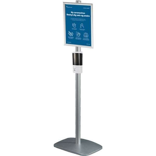 Desinfektionsstation mit Sensor-Spender und Klapprahmen A4/A3 auf Aluminiumständer mit Standfuß