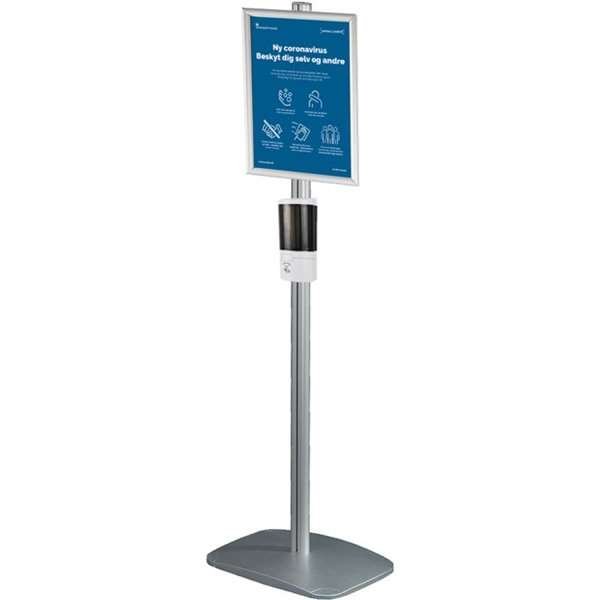 Desinfektionsstation mit Sensor-Spender und Klapprahmen A4/A3 auf Aluminiumständer mit Standfuß