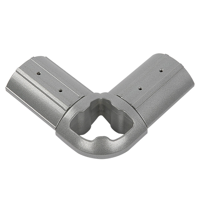 Eckverbinder aus silbernem Aluminium mit zwei Armen im rechten Winkel für einen Bannerrahmen