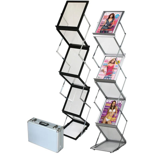 Faltbarer Prospektständer für DIN A4 Magazine und Broschüren aus Aluminium in Silber und Schwarz mit Transportkoffer für Messen, Ausstellungen und Verkaufsräume